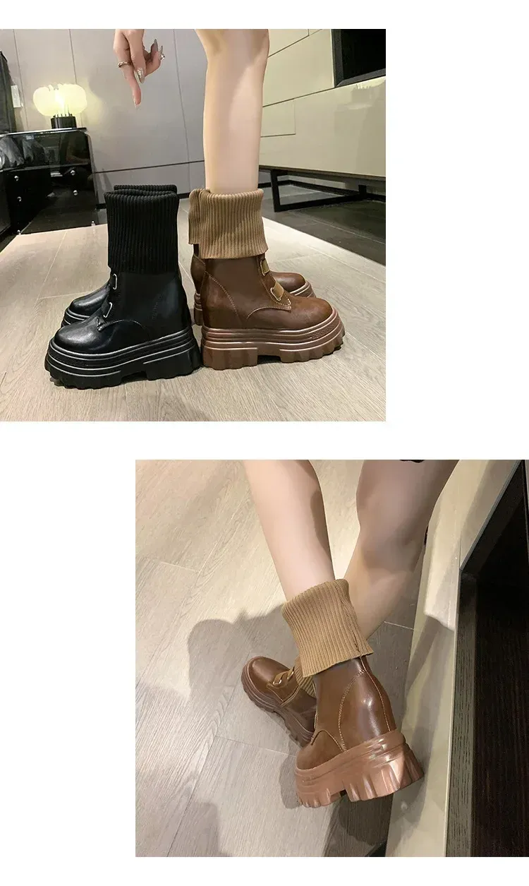 Platform Women Gothic Elastic Band Wedges Boots Frosted Leather Thick Sole Punk Internal Increated Short Botas Mujer_voghion.com