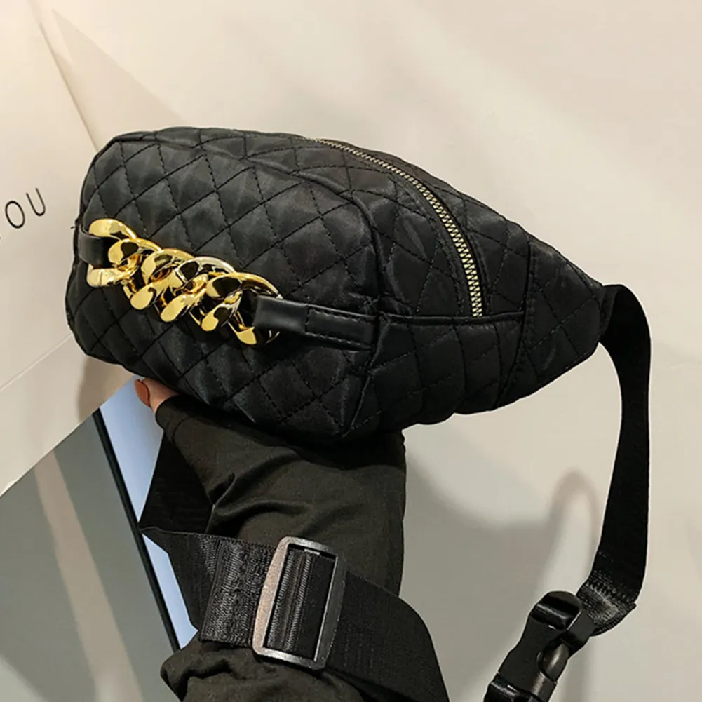 Bolsa tiracolo acolchoada com corrente grossa, casual, alça ajustável, simples e portátil para fim de semana_voghion.com