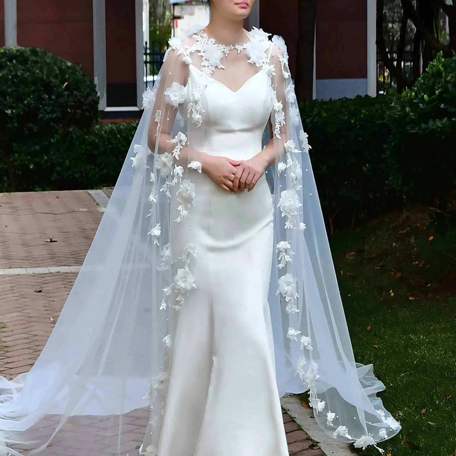 Hair Jewelry Womens Long Capes Veil 3D Flowers Bridal Cloak Wedding Accessories For Bride Bolero Shawl Soft Evening Cape_voghion.com