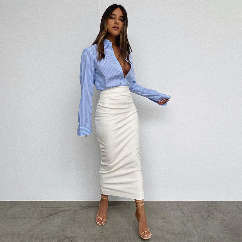hot selling Elegant Skirt Office Lady Fashion Ruched PU Leather Midi Women Slim High Waist Black Skirts Spring Autumn Bottom 2023