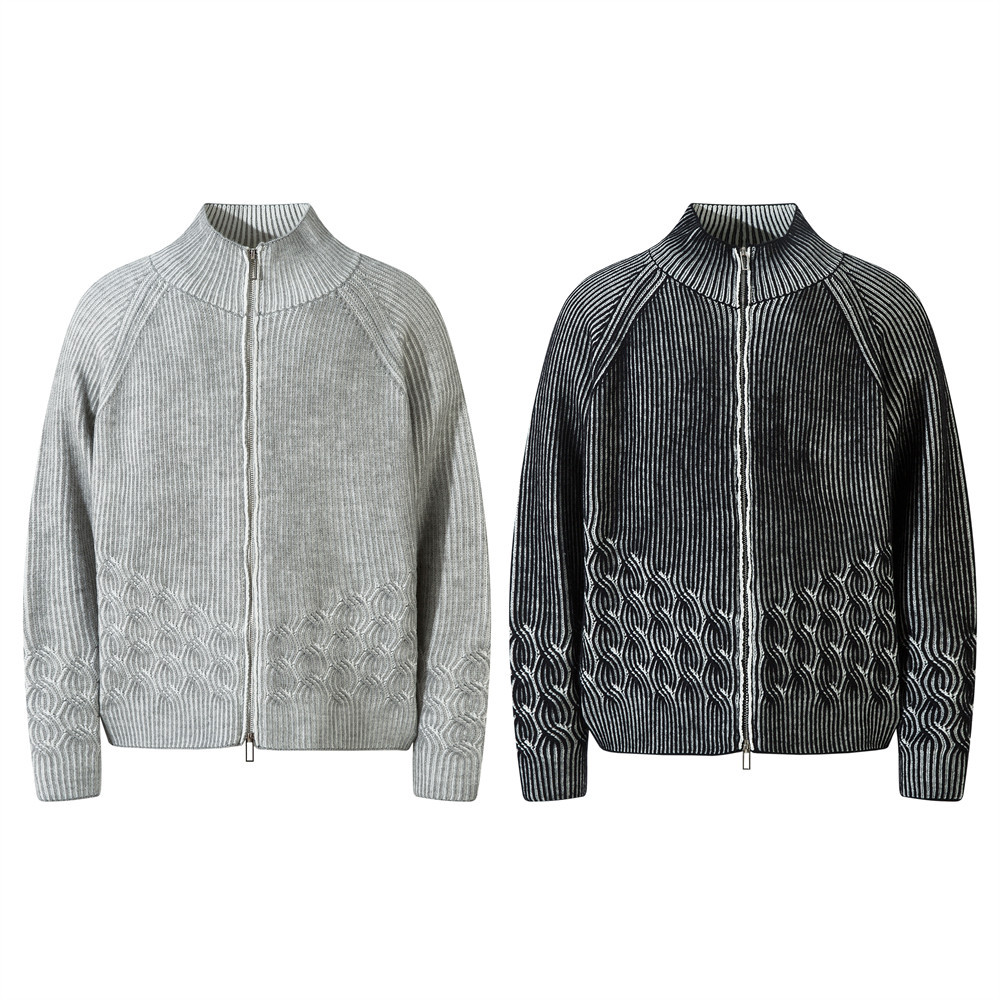​​Men's Distressed Cable Knit Sweater Coat With Dual Zipper & High Neck - Streetwear Oversized Open Front Cardigan​​