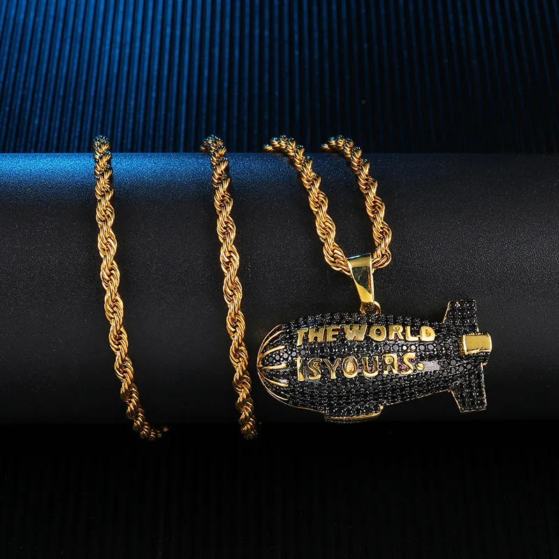 Colliers Pendentif Hip Hop LE MONDE EST À VOUS Blimp Or Couleur Zircon Cubique & Pendentifs Pour Hommes Bijoux Avec Tennis_voghion.com