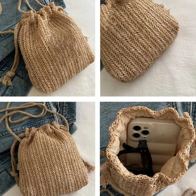 Elegante Umhängetasche für Damen, für den Strandurlaub, stilvolle, lässige, gewebte Schultertasche, kleine Beuteltasche mit Kordelzug für den Urlaub C241216_voghion.com