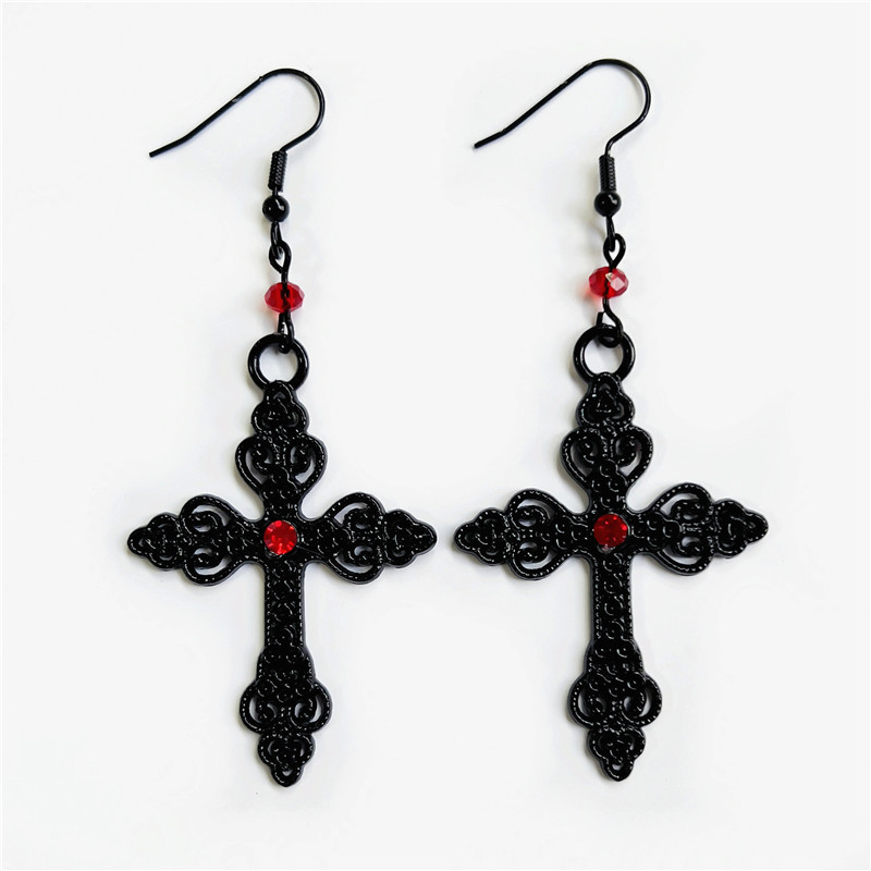 Gothic oversized detail crossed black cross with diamond earrings_voghion.com