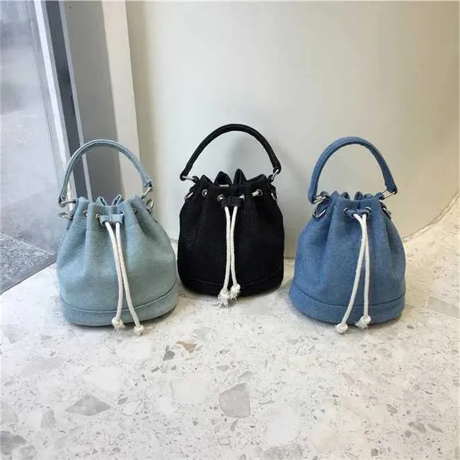 Women Fashion Denim Bucket Solid String Handbags Casual Mini Crossbody Bags Female All-matched Messenger PackC241212_voghion.com