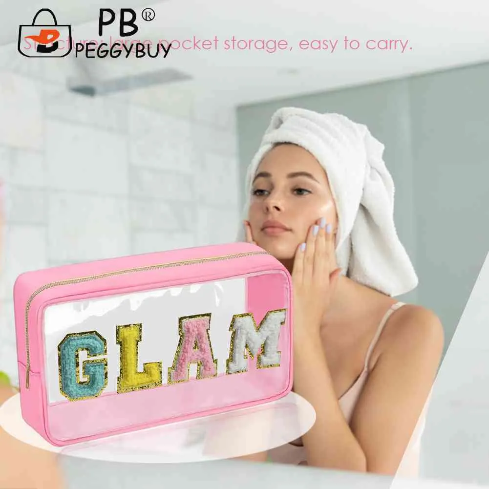 Fashion Cosmetic Bag Large Capacity Casual Organizer Clutch Bags Transparent Embroidered Letter Patches Portable For_voghion.com