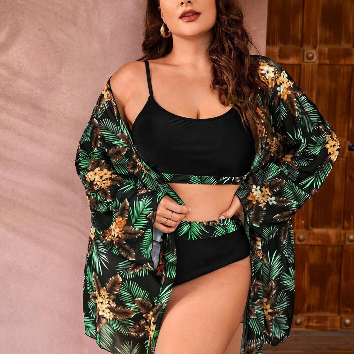 Maillot de bain bikini sexy à imprimé chemisier en maille trois pièces grande taille pour femme_voghion.com