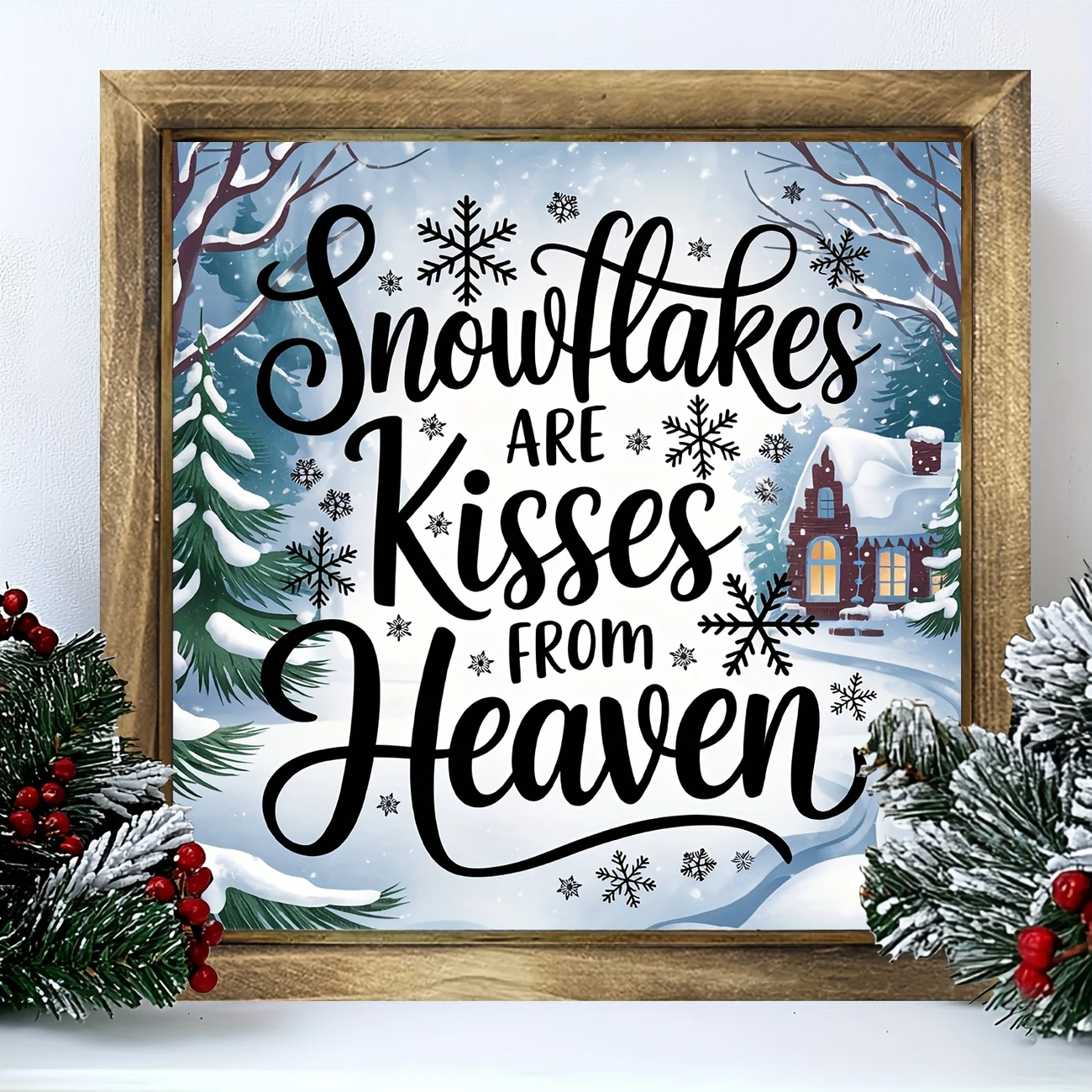Rustic 'Snowflakes Are Kisses From Heaven' Wooden Frame - 8x8" Handcrafted Winter Decor. Perfect For Bedroom Or Festive Entryway._voghion.com