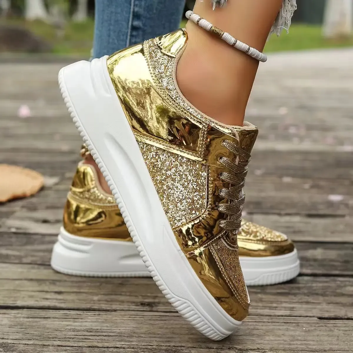Women's Gold Sequins Platform Sneakers Autumn Fashion Casual Sports Thick Bottom Vulcanized Woman Flats Heels Shoes_voghion.com