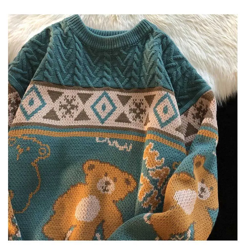 Niedlicher Bär Übergroßer Herren High Street Stricktop Herbstpullover Lose Haruku Kawaii Weiß Damen Paarpullover_voghion.com