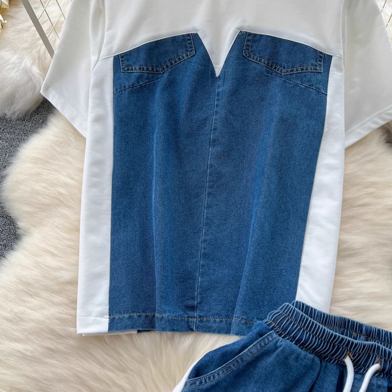 Dameklær for kvinner, design kortermet T-skjorte, patchwork denim topp + høy midje avslappet rette bukser_voghion.com