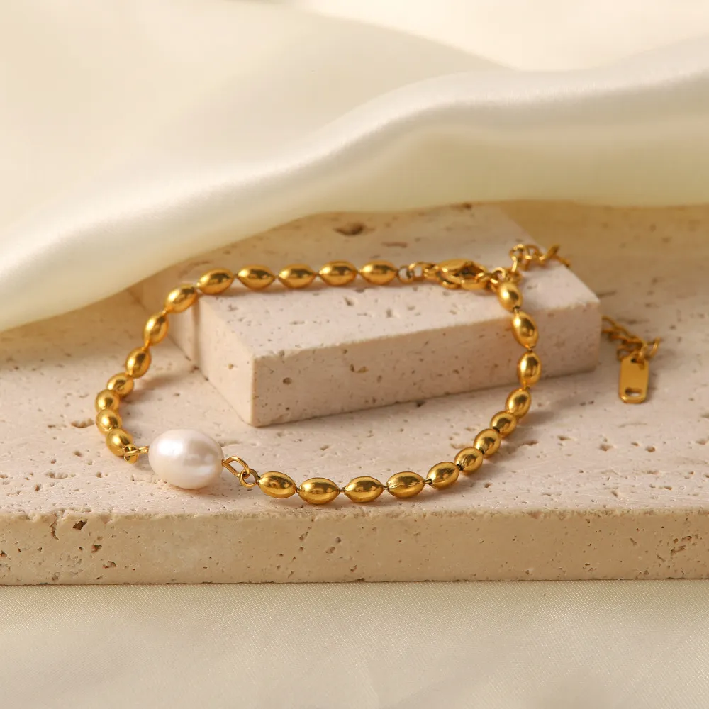 Set collana e bracciale a catena con perle in acciaio donna_voghion.com