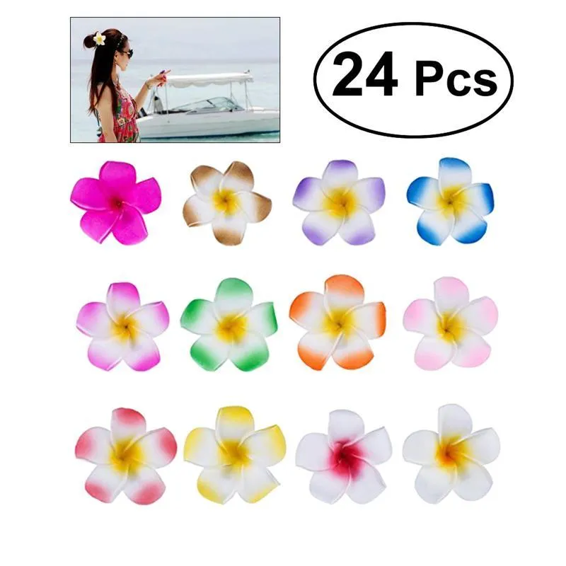 24 stuks 2,4 inch Hawaiiaanse Plumeria-bloemclip Foam-haaraccessoire voor strandfeest, bruiloft, evenementdecoratie-accessoires (12 kleuren)_voghion.com