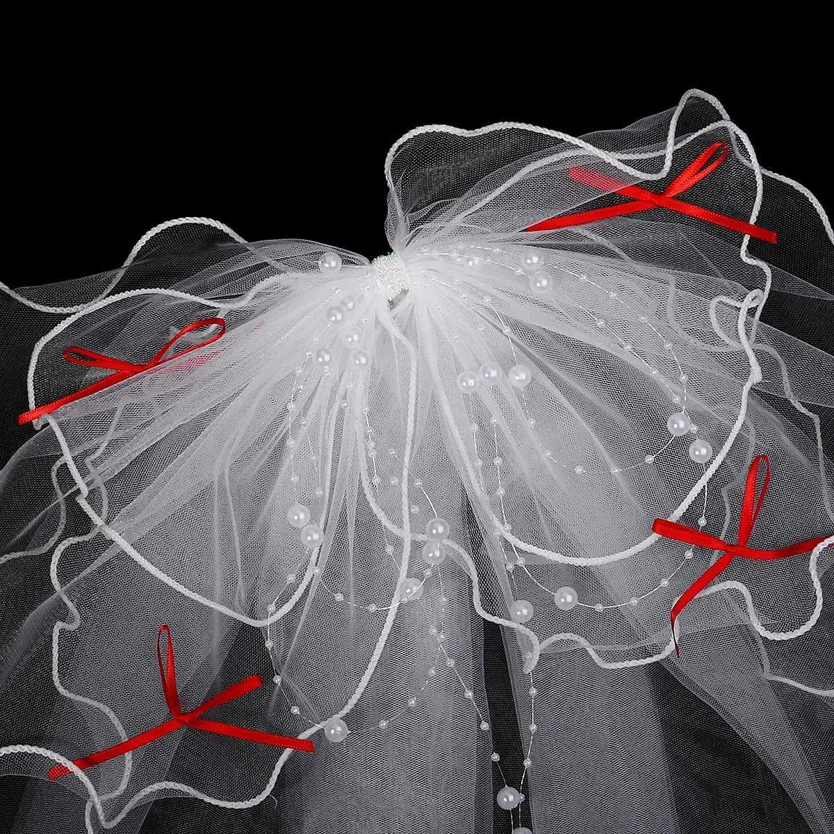 Voile de mariée court en tulle à double couche, couleur unie, avec clip et ruban, pour femme_voghion.com