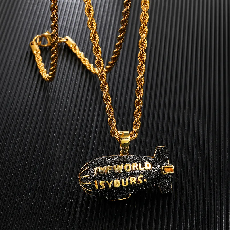 Colliers Pendentif Hip Hop LE MONDE EST À VOUS Blimp Or Couleur Zircon Cubique & Pendentifs Pour Hommes Bijoux Avec Tennis_voghion.com