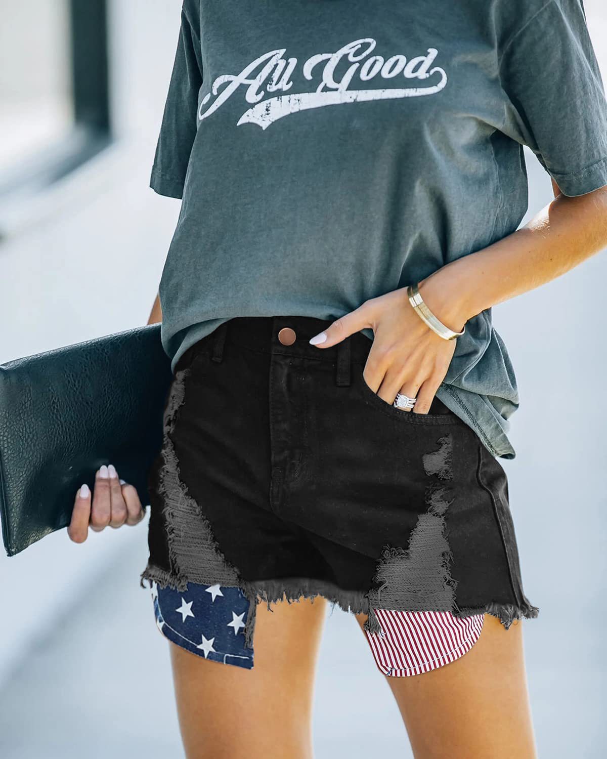 pocket stars and stripes flag ripped tassel jeans short_voghion.com