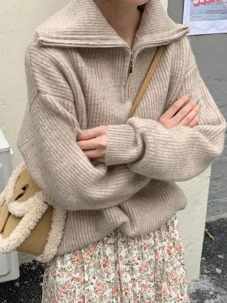 Damen Reißverschluss Stehkragen Modischer einfarbiger lockerer Pullover Damen lässig gestrickt Langarmpullover Winter_voghion.com