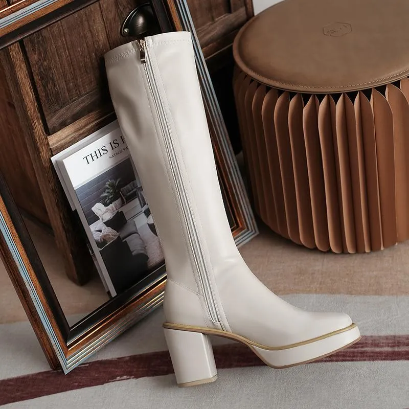 Knee Boots Heel Women's Square Below 2024 Winter Solid Color Fashion Warm Women Shoes Comfortable With Side Z 55_voghion.com