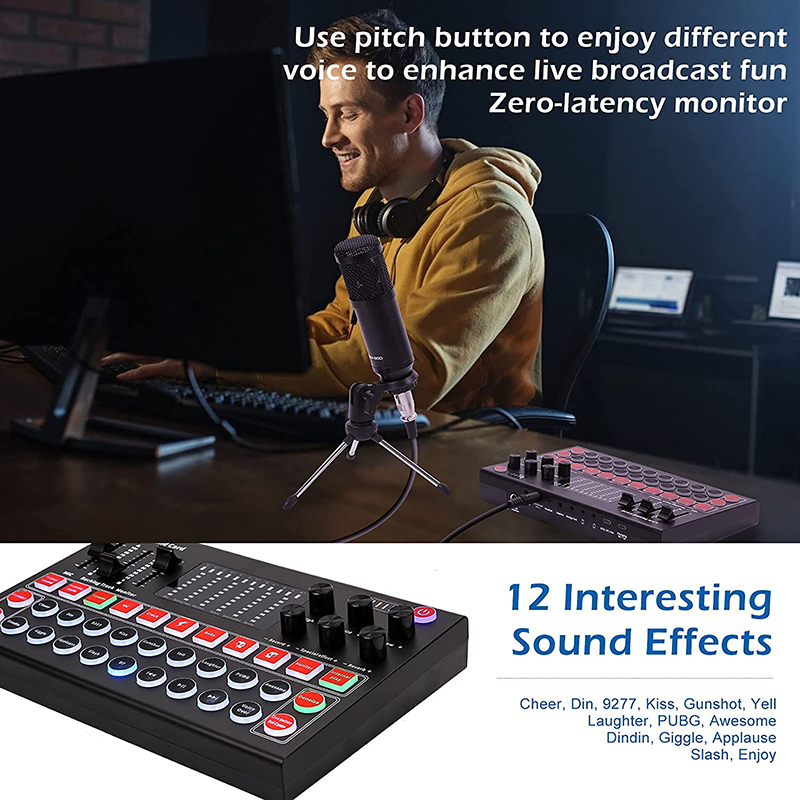 Carte de mixage sonore, changeur de voix de carte son en direct avec plusieurs effets sonores et lumière LED pour mixeur audio en streaming en direct_voghion.com