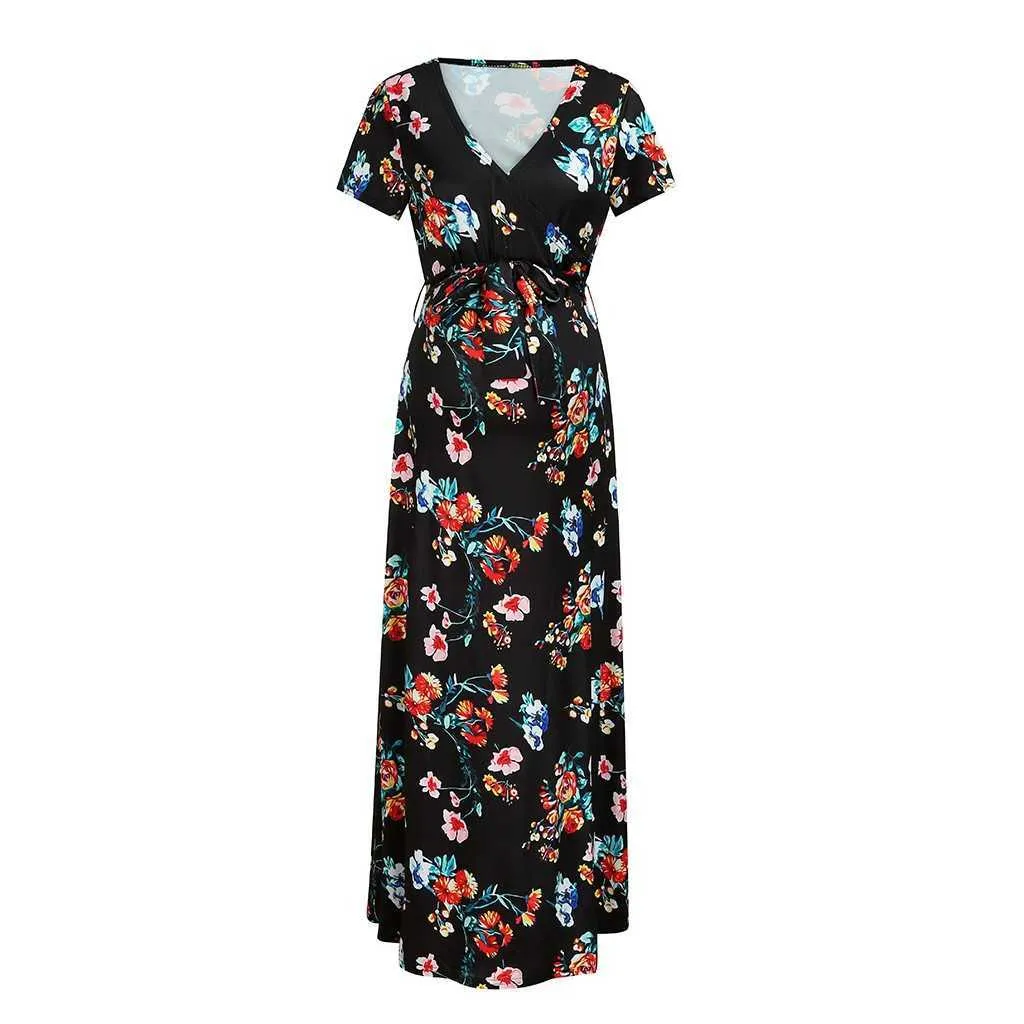 Women's Long Dress Prom Clothes Floral Printed V Neck Summer Pregnancy Dresses For Pregnant Women Maternity Clothing_voghion.com