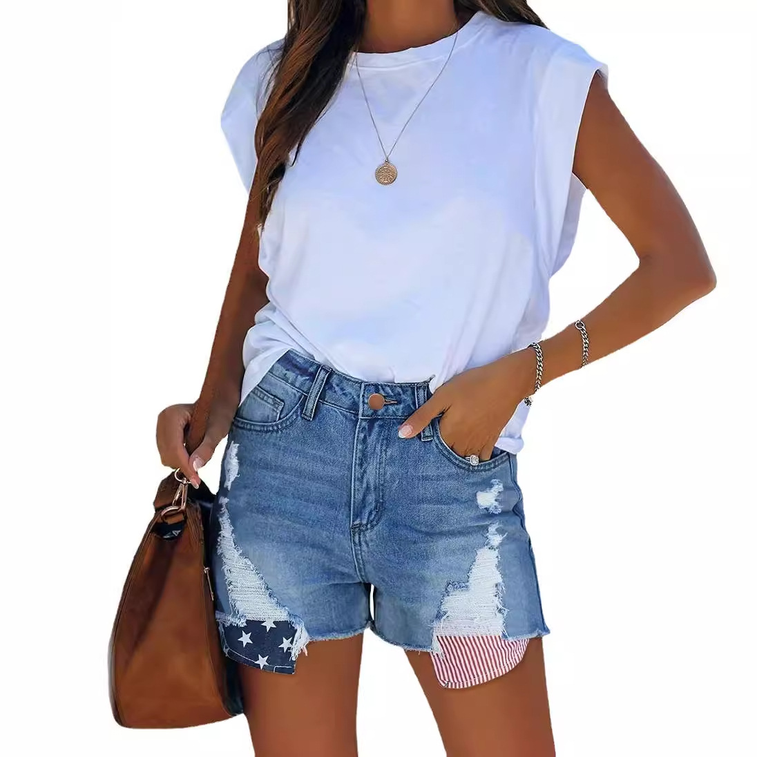 pocket stars and stripes flag ripped tassel jeans short_voghion.com