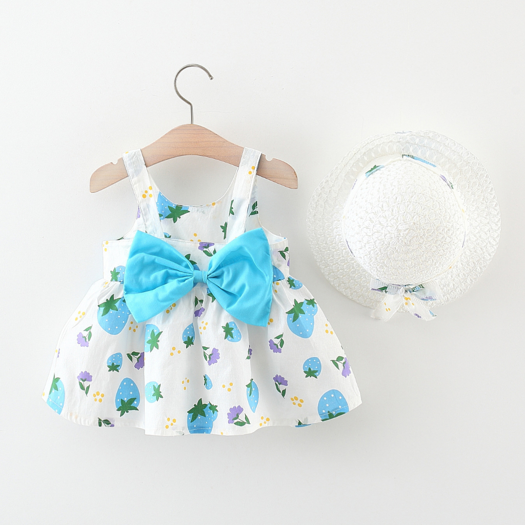 Vestido para niña con estampado de fresas y lazo, ropa de playa para bebé, sombrero incluido_voghion.com