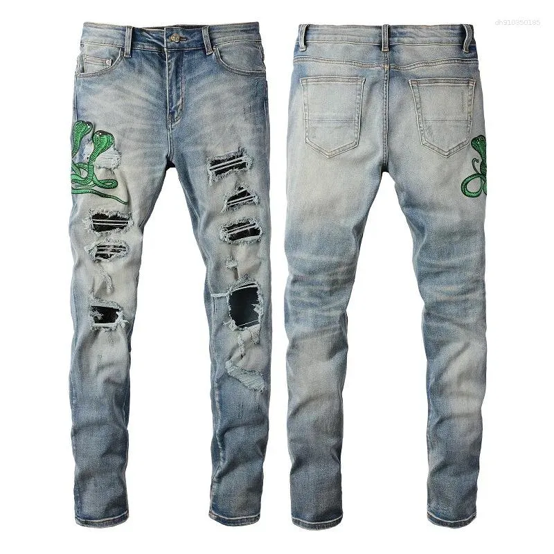 Men's Jeans Light Blue Embroidered Snake Patchwork High Street Stretch Distressed Slim Fit Ripped Men_mkmklike.com