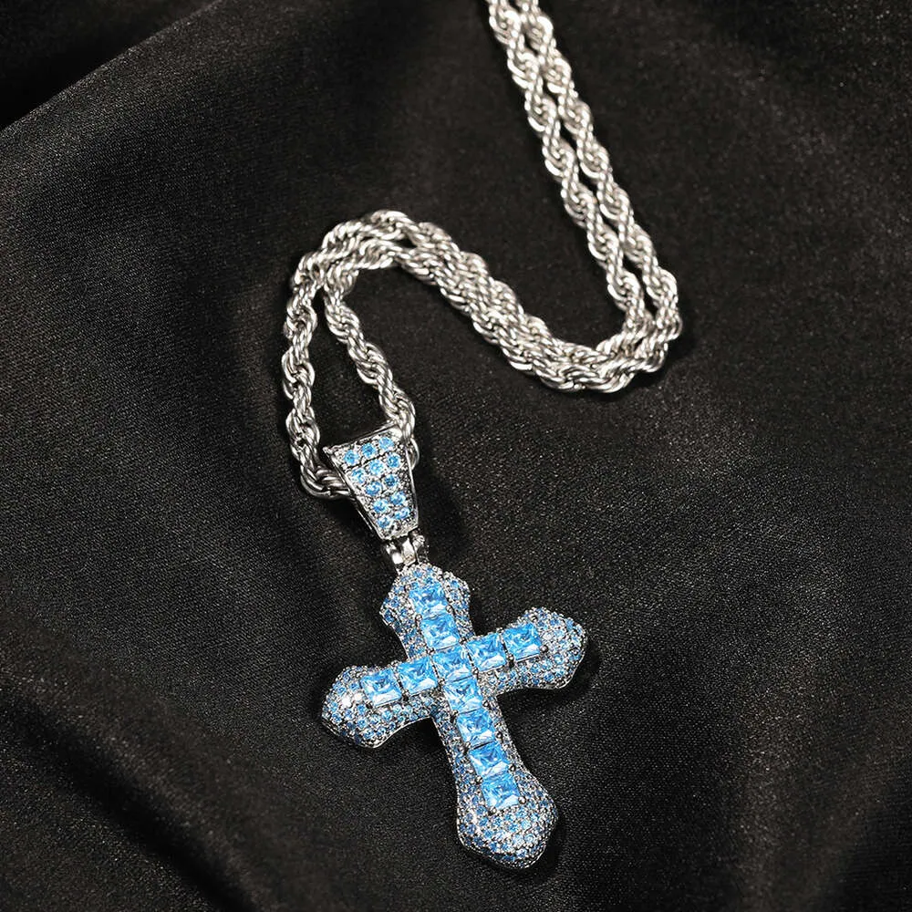 Nuova collana con croce blu Hip Hop con diamanti e versatile maglione in argento Sterling con ciondolo a catena cubana intrecciata_voghion.com