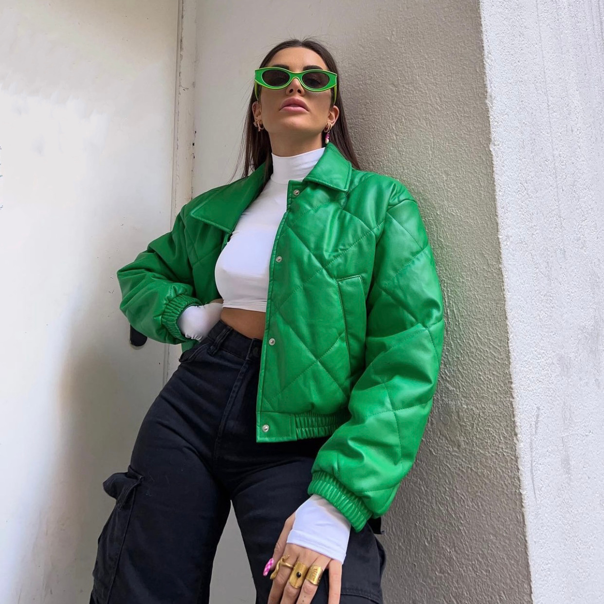 Women's Clothing Autumn New Arrival Style Green Pu Leather Cotton Coat Short Coat Jacket Top