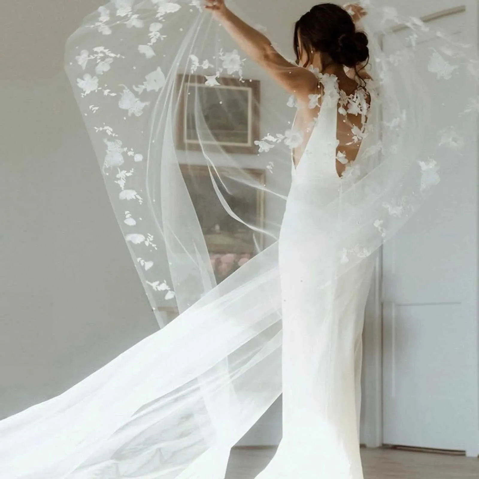 Hair Jewelry Womens Long Capes Veil 3D Flowers Bridal Cloak Wedding Accessories For Bride Bolero Shawl Soft Evening Cape_voghion.com