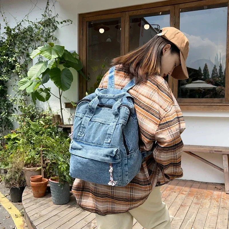 Retro Denim Womens Backpack Canvas Shoulders Bag College Knapsack Big Packbag Travel Rucksack Student Jeans Mochila Y2K_voghion.com