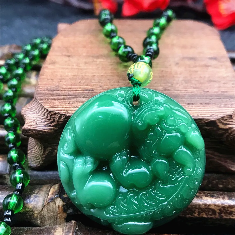 Pendant Necklaces Natural Fashion Green Jade Carved Kylin PiXiu Dragon Chinese Amulet Stone Necklace Woman Man's Party_voghion.com