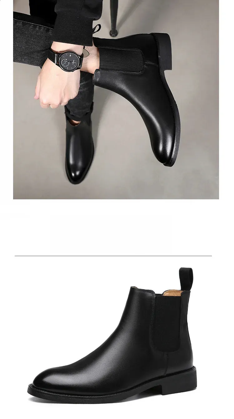Bottes classiques rétro en cuir véritable pour hommes, chaussures montantes décontractées de style britannique à la mode à la cheville pour hommes 240830_voghion.com