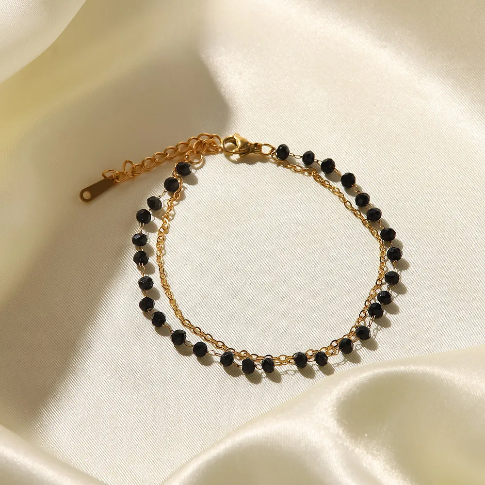 Lanțuri stil boho din oțel inoxidabil cu mărgele negre și piatră de sticlă dublă colier felie accesorii pentru femei_voghion.com