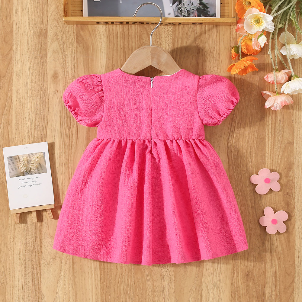 Vestido de verano de manga corta para niña, color liso, con mangas abullonadas y lazo, ropa cómoda para niños_voghion.com