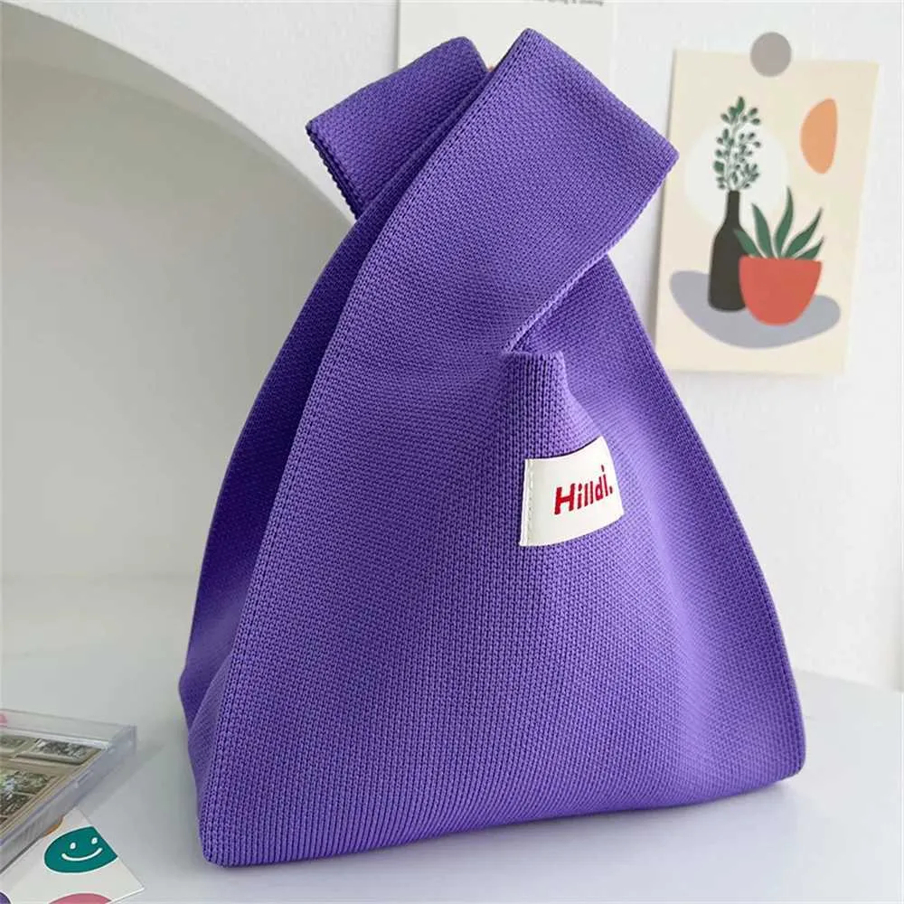 Handmade knitted warm mini knot wrist Fem casual color wide stripe plain weave handbag reusable shopping bag Y241106_voghion.com