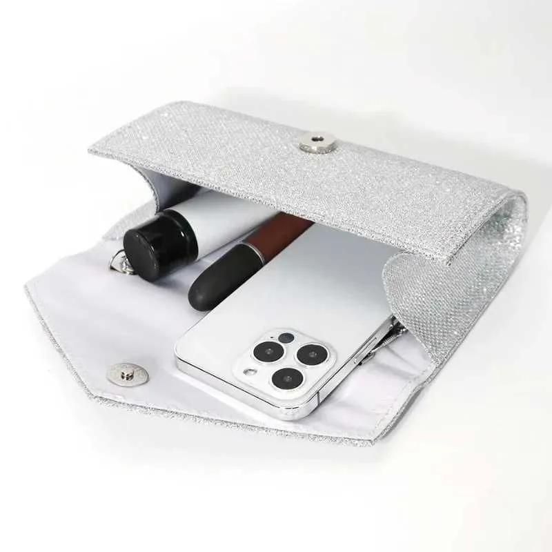 Womens envelope evening chain shoulder bag shiny sier long wallet womens wedding party clutch mini handbag Y241019_voghion.com