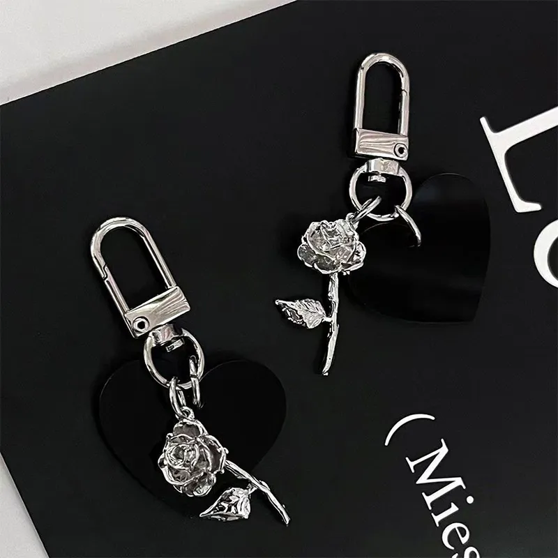 French Bowknot Keychain Black Love Rose Phone Chain Headphone Case Pendant Camera Charms Bag Decor Car Keyring_voghion.com