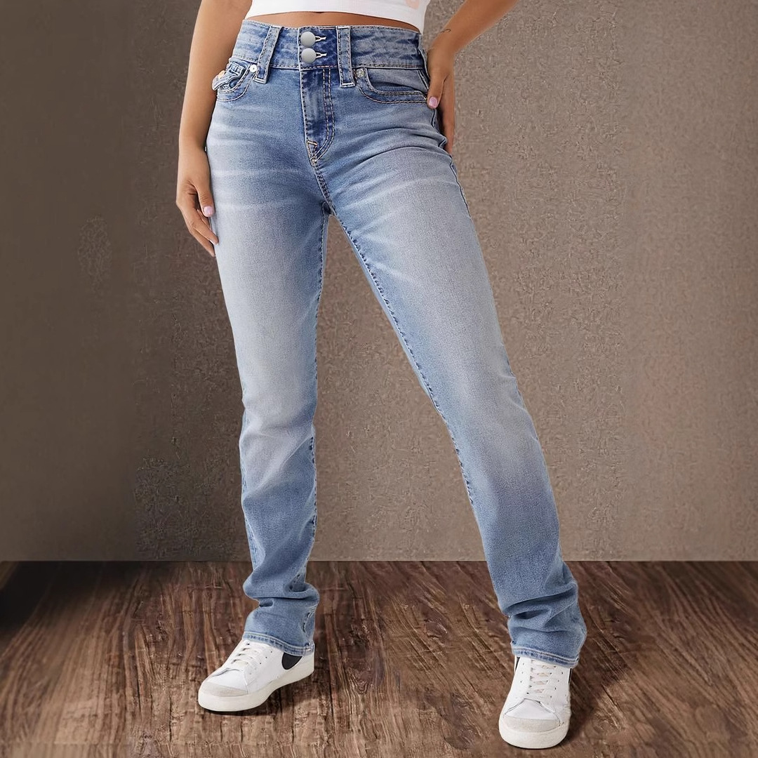 Women’s Clothing Spring New Double Button Mid Waist Straight Jeans Women’s Slim Temperament Trousers