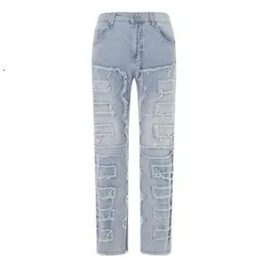 Black Stacked Jeans With Rips, Patches, Distressed Jeans, Streetwear, Men's Pants, Casual Slim Fit_mkmklike.com