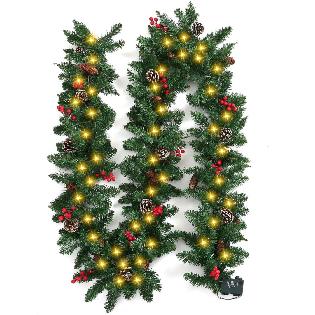 270CM Premium Christmas Garland With Red Berries & Lights – Dense Faux Pine Needles, Festive Holiday Decor For Doors, Mantels & Staircases​