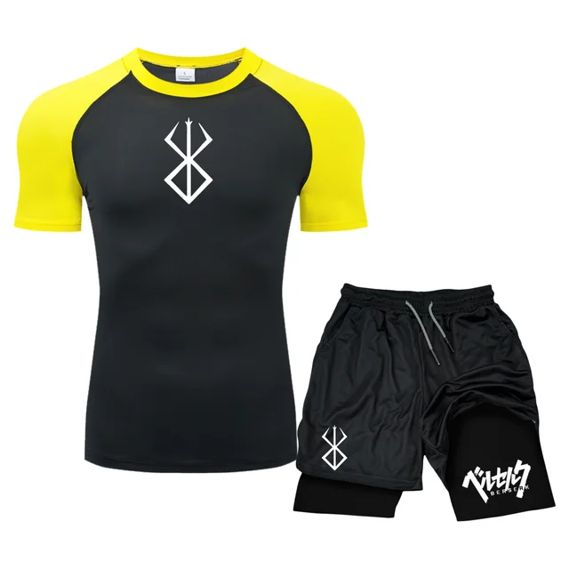 Tuta sportiva a compressione da uomo, maglietta a maniche corte, set sportivo Goku 2 pezzi, pantaloncini da jogging da allenamento, tuta da fitness 2 in 1_voghion.com