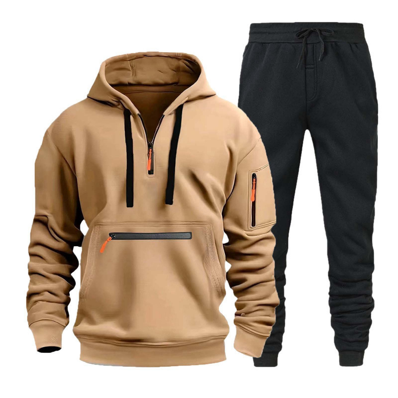 Men's hoodie set zipper multi-pocket pullover men's sports casual top 2-piece set
