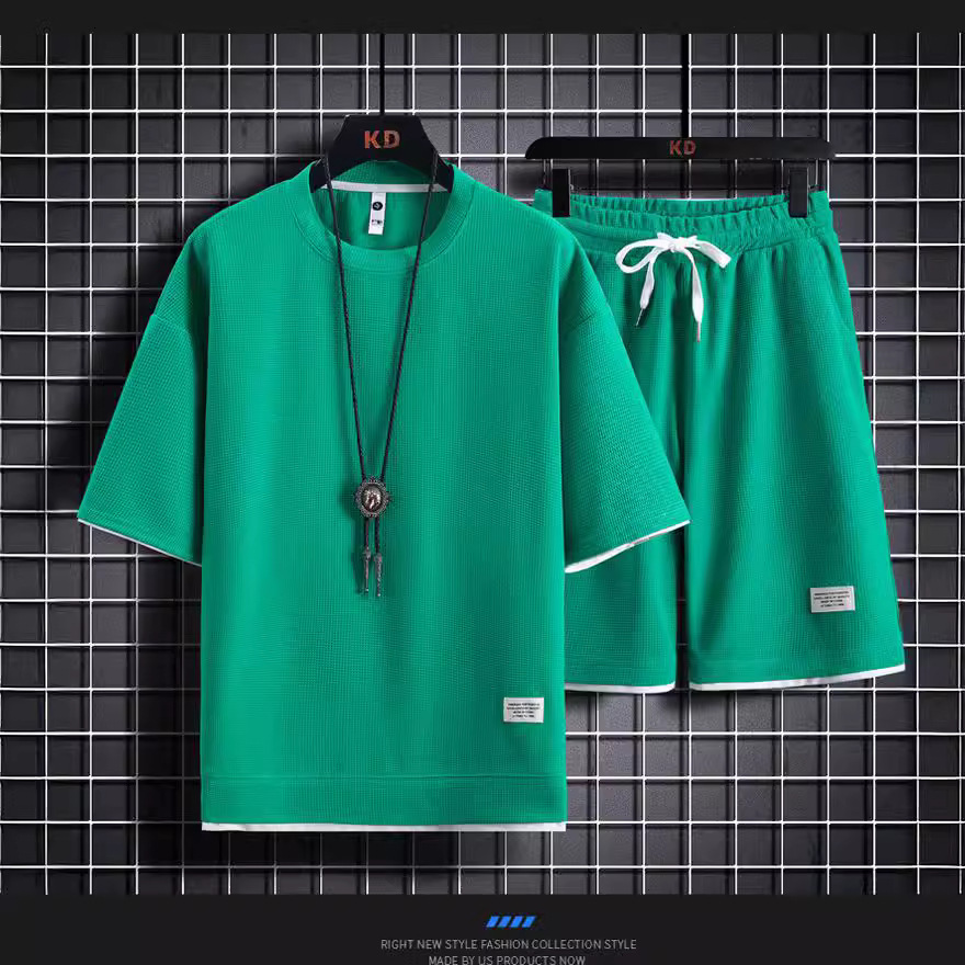 Men's Clothing Waffle T-shirt men's two-piece suit couple loose trendy large size five-point pants outdoor casual_voghion.com