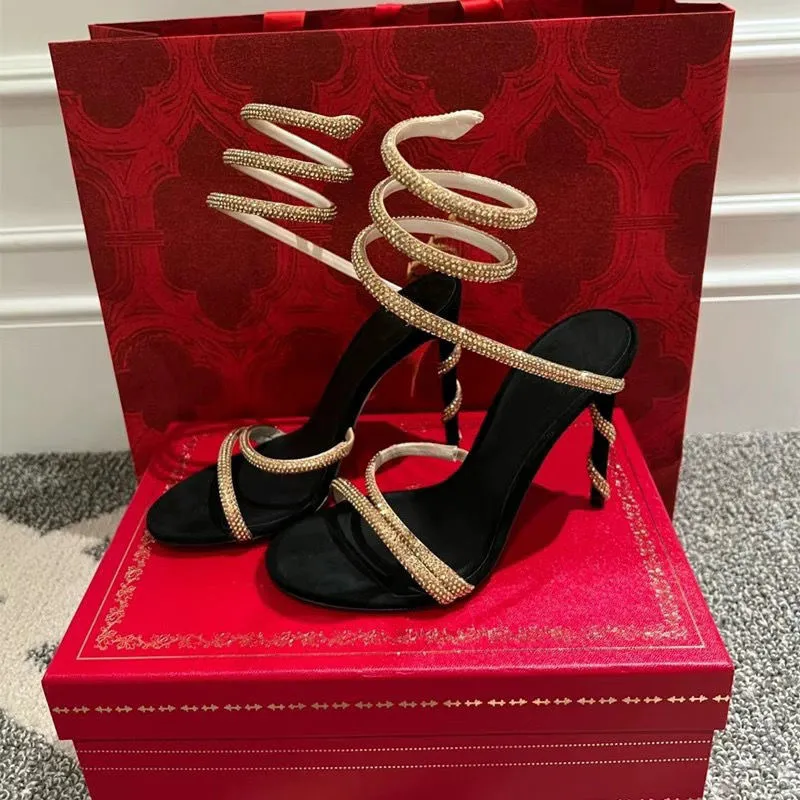 Rene Caovilla Crystal Embellished Rhinestone Sandals Snake Stiletto Heels Womens High Heeled Designer Ankle Wraparound_voghion.com