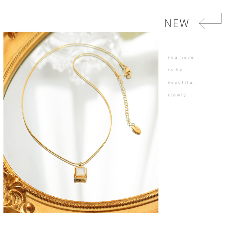 French Instagram Cool Wind Square White Sea Shell Pendant Necklace with Small Design Titanium Steel Gold Plated Round_voghion.com