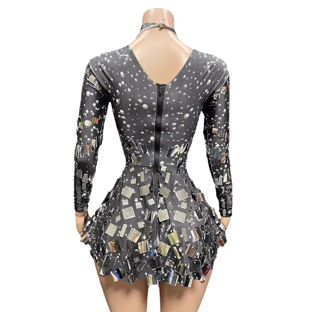 Naiste rõivad Läikivad litrid Teemantväljasõidupidu Elegantne Slim Fit pikkade varrukatega lühike seelik Mini kleit_voghion.com