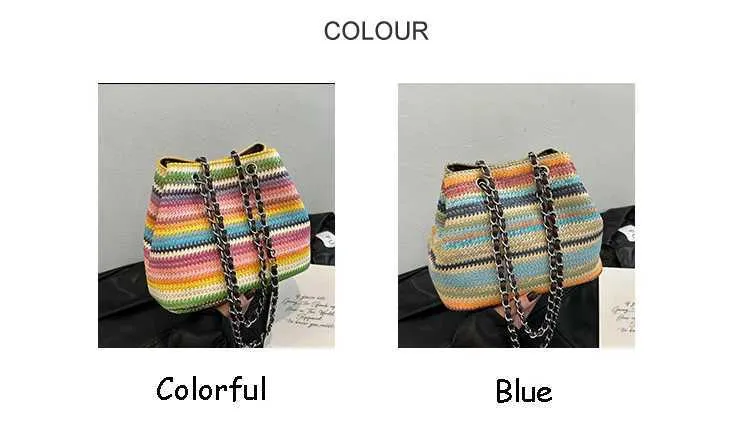 Borsa a secchiello color arcobaleno da donna, con catena a strisce a contrasto, borsa a tracolla, grande capacità, casual, intrecciata da donna_voghion.com