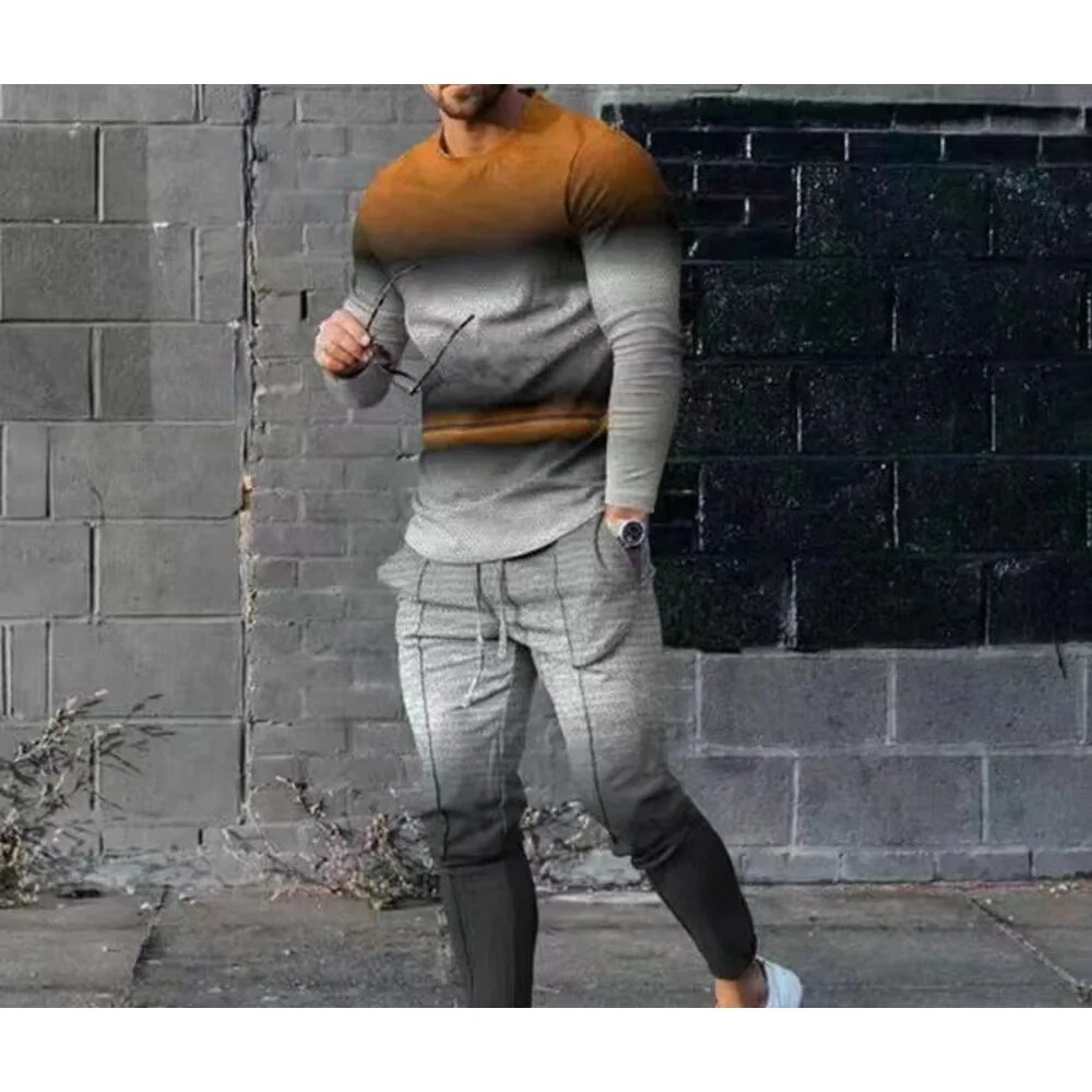 Ensemble deux pièces pour hommes, vêtements de loisirs, col rond, imprimé numérique 3D, printemps et automne_voghion.com