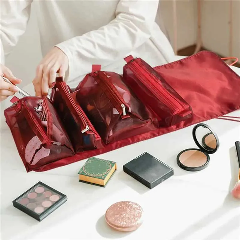 Borsa porta pennelli da trucco pieghevole in nylon con cerniera 4 in 1, indipendente da donna, Y241023_voghion.com
